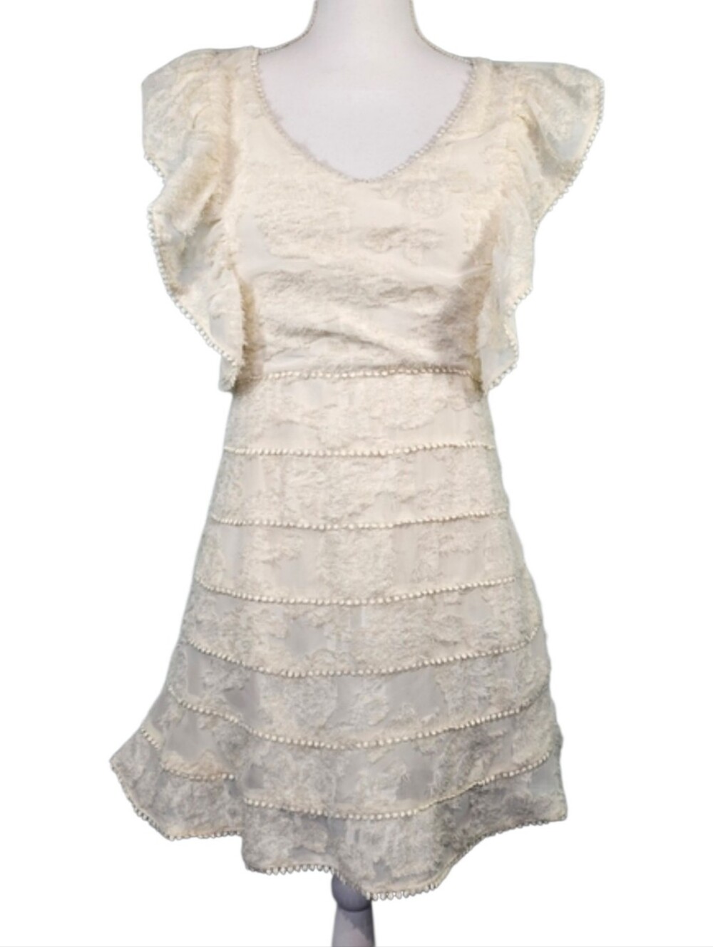 Just Me A Dress A Line Cream Textured Lined Mini V Neck‎ Cap Flutter Sleeve  L